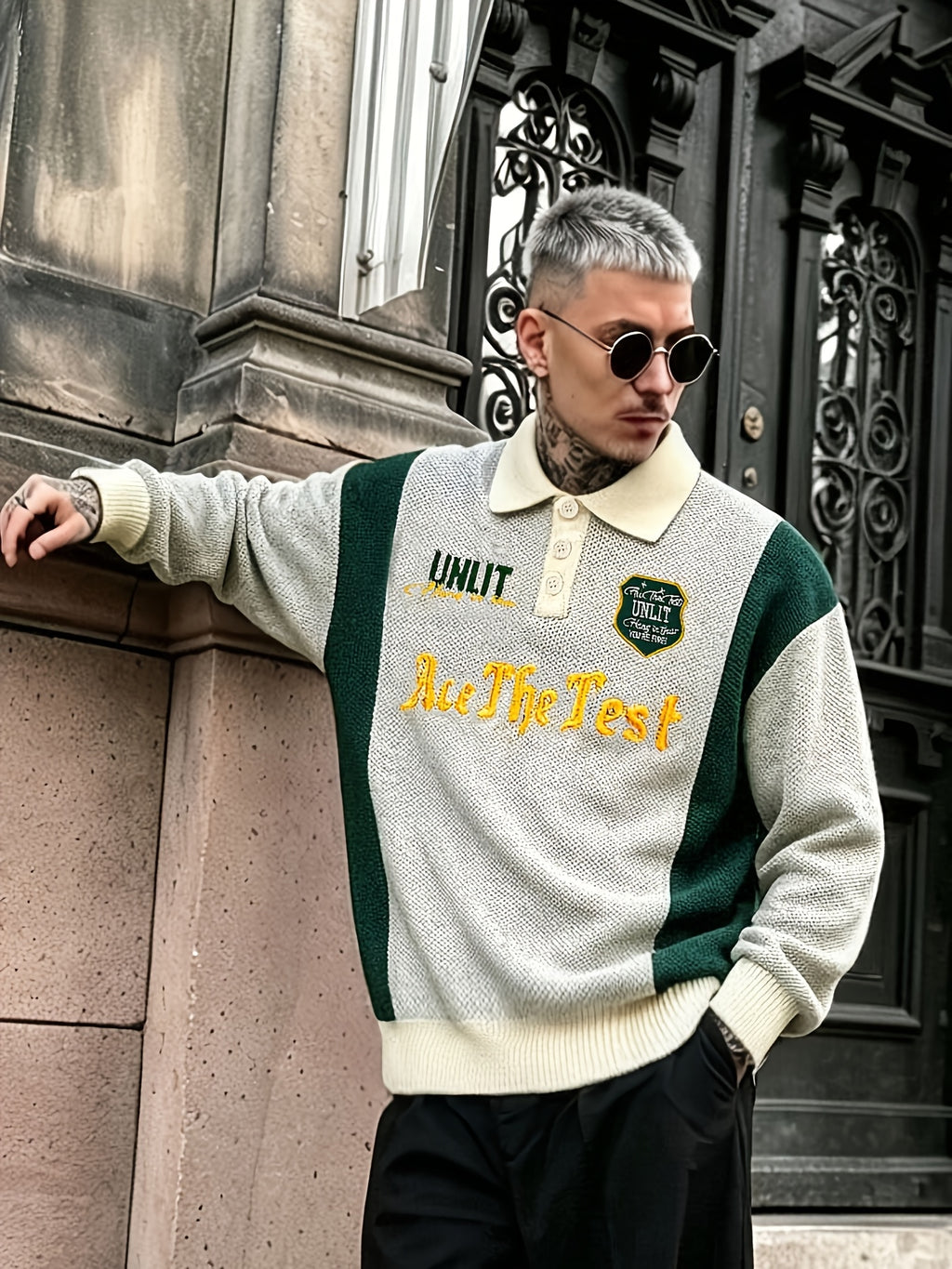 OBM Autumn/Winter Men's New American-Style Color-Block Patchwork Embroidered Letter Logo Design Knit Sweater, Lapel Polo Long Sleeve Fashion Loose Fit Casual Vintage College Style Top, Suitable for Daily Streetwear and American Casual Street Fashion - Light Grey