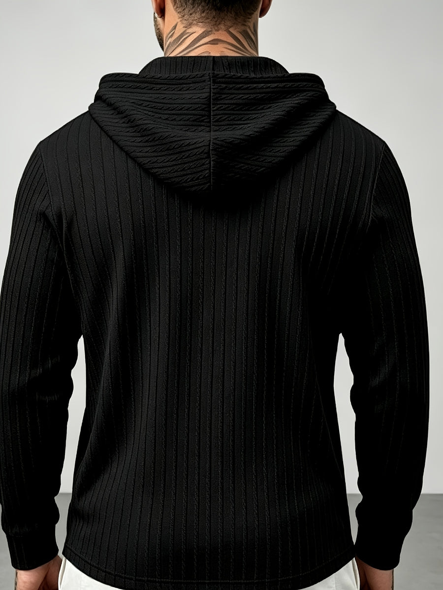 New Men'S Textured Jacquard Hooded Sweatshirt, Henley Button-Front Pouch Kangaroo Pocket Loose Stretch Long Sleeve Casual Top - Black