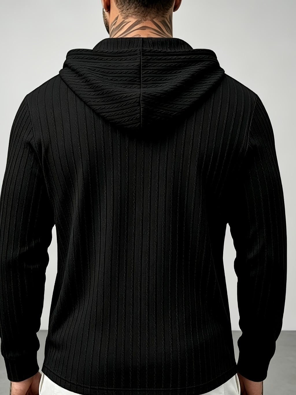 New Men'S Textured Jacquard Hooded Sweatshirt, Henley Button-Front Pouch Kangaroo Pocket Loose Stretch Long Sleeve Casual Top - Black