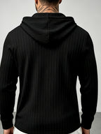 New Men'S Textured Jacquard Hooded Sweatshirt, Henley Button-Front Pouch Kangaroo Pocket Loose Stretch Long Sleeve Casual Top - Black