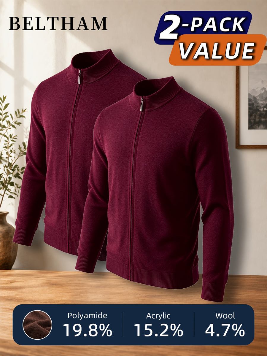 2pcs New Spring Autumn Winter Men'S Knit Cardigan, Ideal Gift for Father And Husband, Solid Color Zipper Design Sweater, Elegant Versatile Knit Cardigan Coat, Suitable for Daily Casual Business Sports Outdoor Camping Fishing Wear - Burgundy
