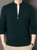 Men's Stand Collar Zipper Solid Color Knit Cardigan, Business Casual Style, Simple Solid Color, Slim Fit Not Tight, Versatile and Practical - Dark Green