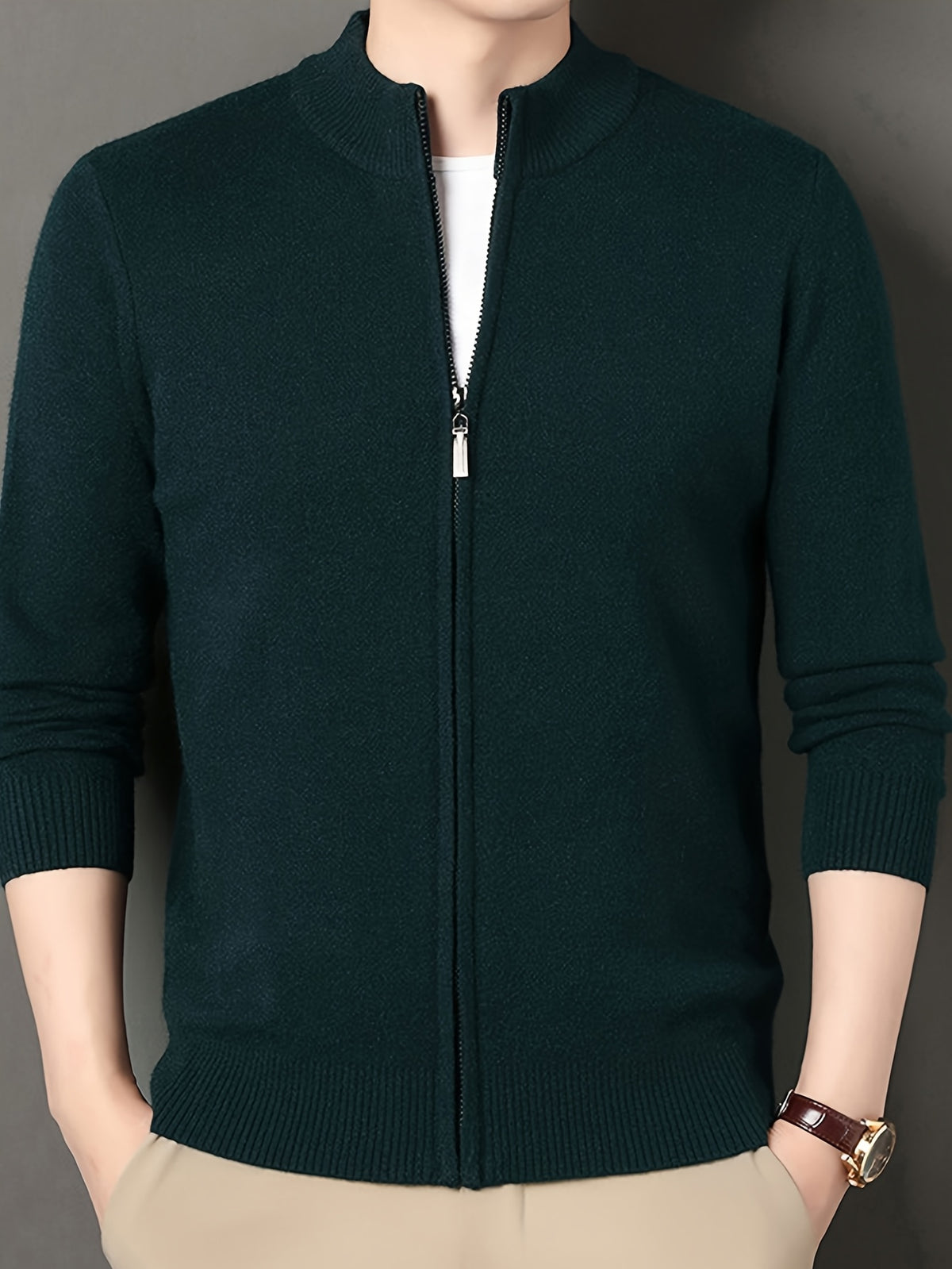Men's Stand Collar Zipper Solid Color Knit Cardigan, Business Casual Style, Simple Solid Color, Slim Fit Not Tight, Versatile and Practical - Dark Green