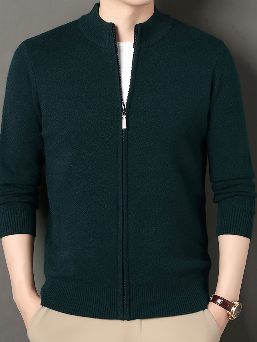 Men's Stand Collar Zipper Solid Color Knit Cardigan, Business Casual Style, Simple Solid Color, Slim Fit Not Tight, Versatile and Practical - Dark Green