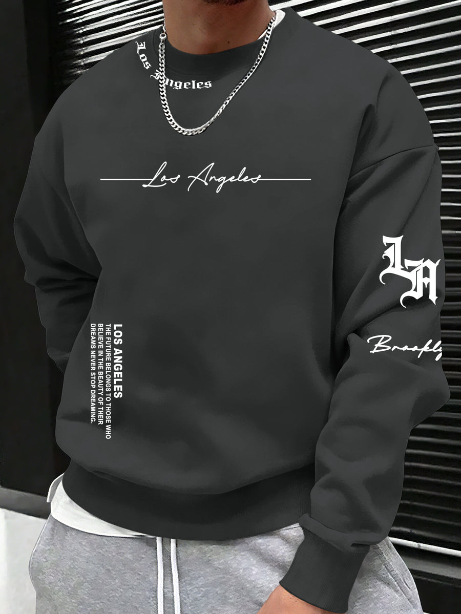 Los Angeles & Brooklyn Twin Cities Belief Crew Neck Sweatshirt" City Art Style Top! Men'S Cross-City Trend Item, City Social / Daily Outing Choice - Grey
