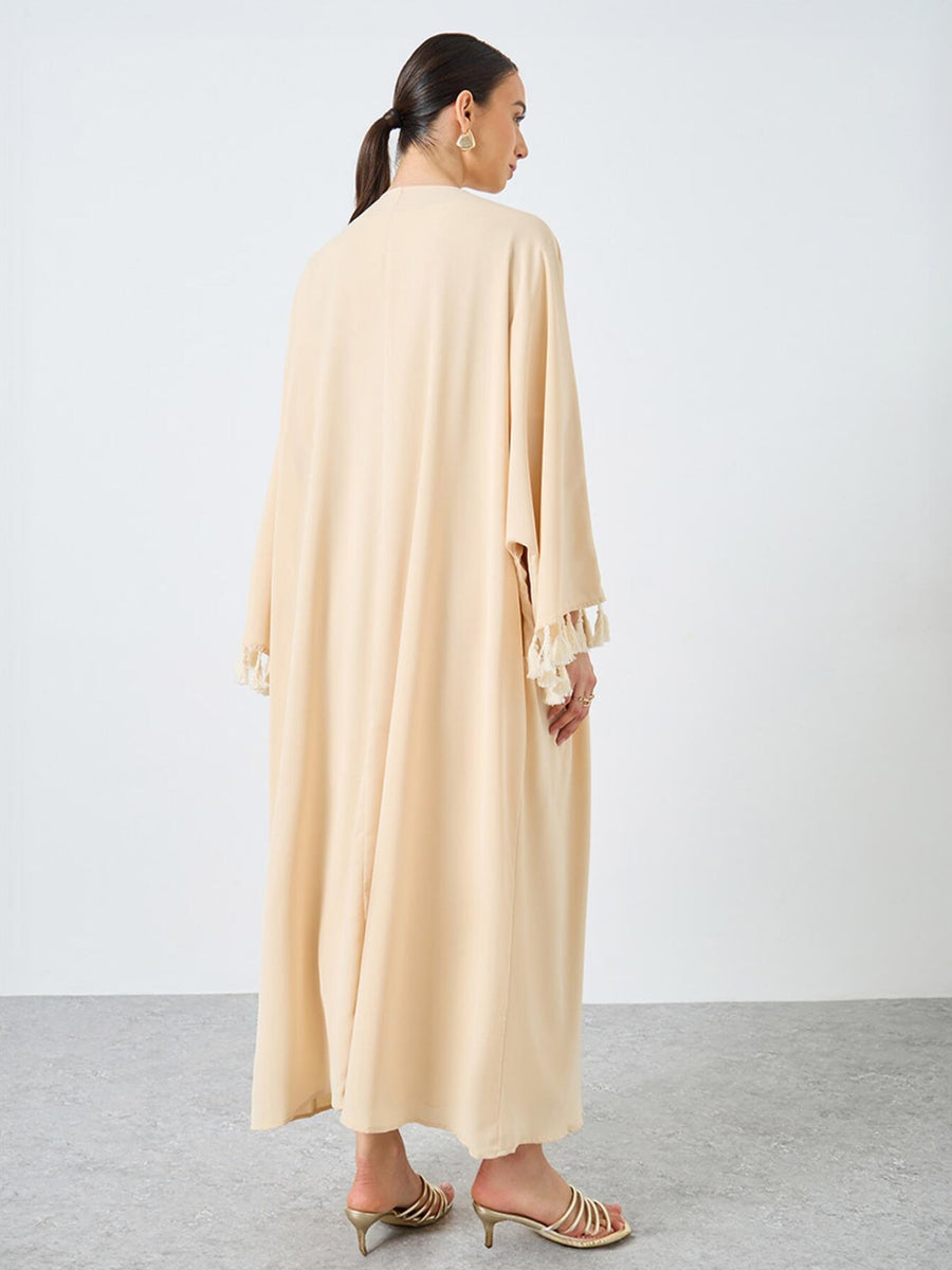 1pc Middle Eastern Ramadan Traditional Dress Elegant Abaya Solid Color Robe Abaya Loose Tassel Kimono Style Cardigan Outer Robe Women - Apricot