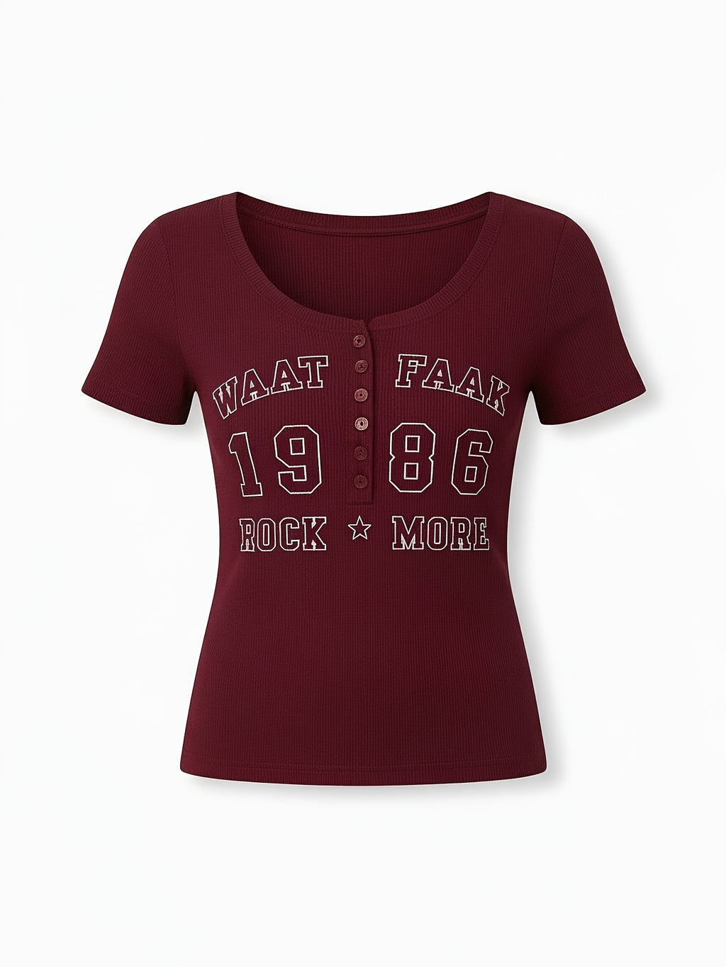 2026 Printed Elastic Women'S T-Shirt Spring And Summer Fashionable Travel Preferred Retro Style Letter Print Button Placket Short-Sleeved Slim Top - Maroon 2
