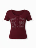 2026 Printed Elastic Women'S T-Shirt Spring And Summer Fashionable Travel Preferred Retro Style Letter Print Button Placket Short-Sleeved Slim Top - Maroon 2