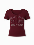 2026 Printed Elastic Women'S T-Shirt Spring And Summer Fashionable Travel Preferred Retro Style Letter Print Button Placket Short-Sleeved Slim Top - Maroon 2