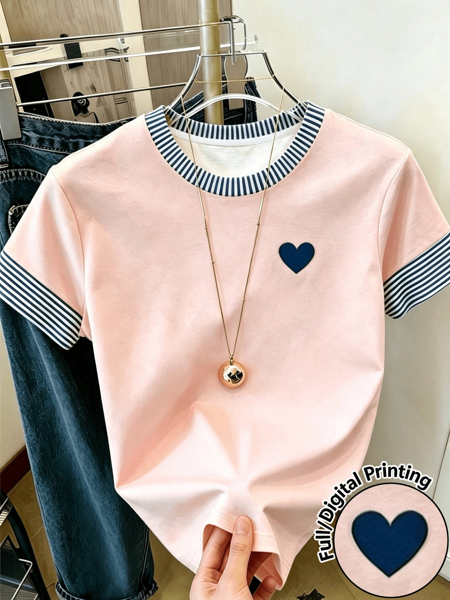New Summer Women's T-Shirt, Round Neck Casual Apparel, Women's Pullover, Casual Commuter Wear, Daily Outing Base Layer, Simple Small Heart Pattern Print, Energetic and Lively, Streetwear, Outing Outfit, Basic Versatile Piece, As a Gift - Pale Pinkish Gray