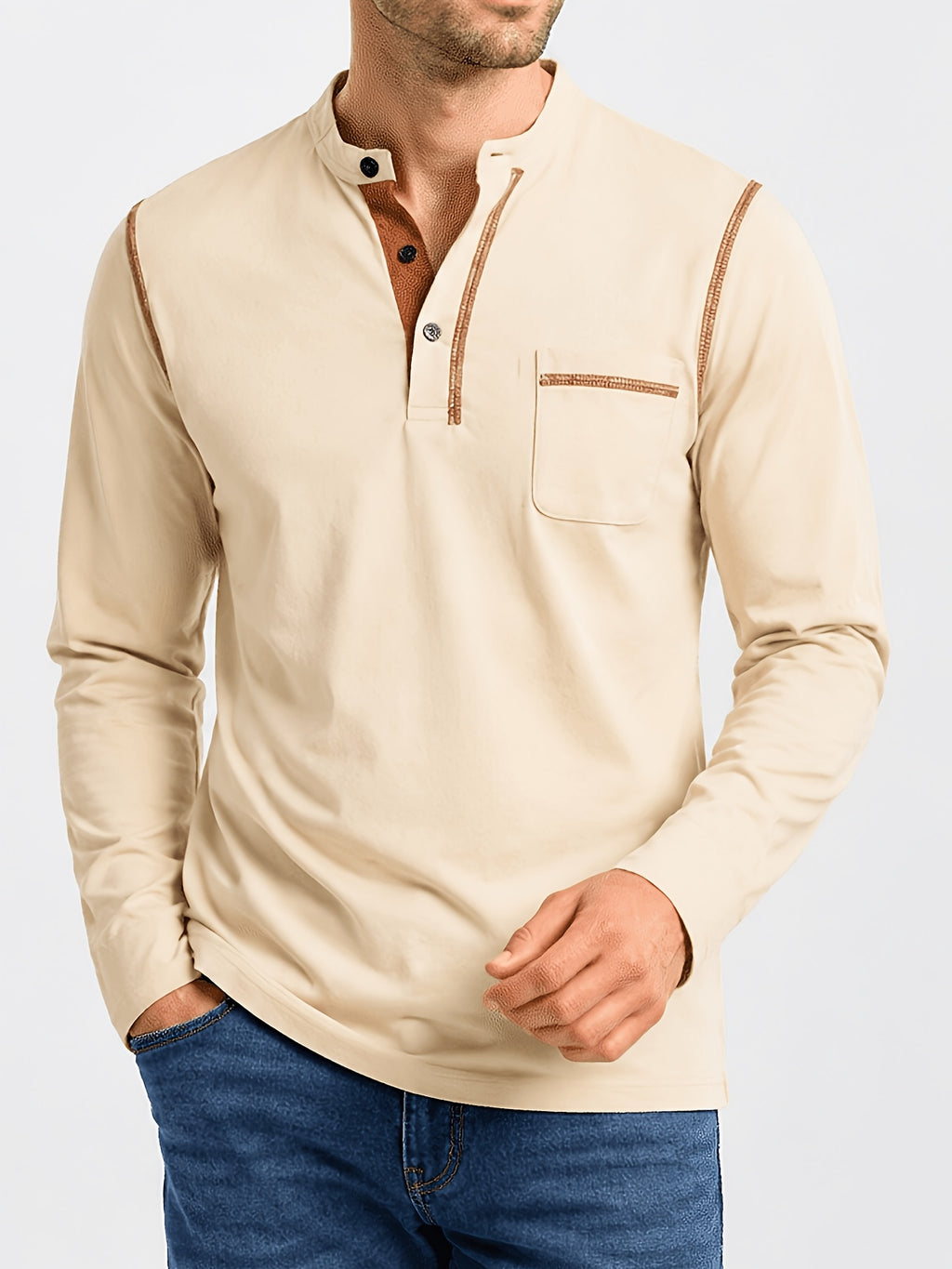 2pcs Men'S Autumn Winter Stand-Collar Long Sleeve Henley Shirts, Contrast Color Pinstripe Polo Shirts with Pockets, Soft And Breathable Sweat-Absorbing, Business Casual Basic Long Sleeve Top, Skin-Friendly Soft Fabric Comfortable, Sweat-Resistant - Khaki+Wine Red