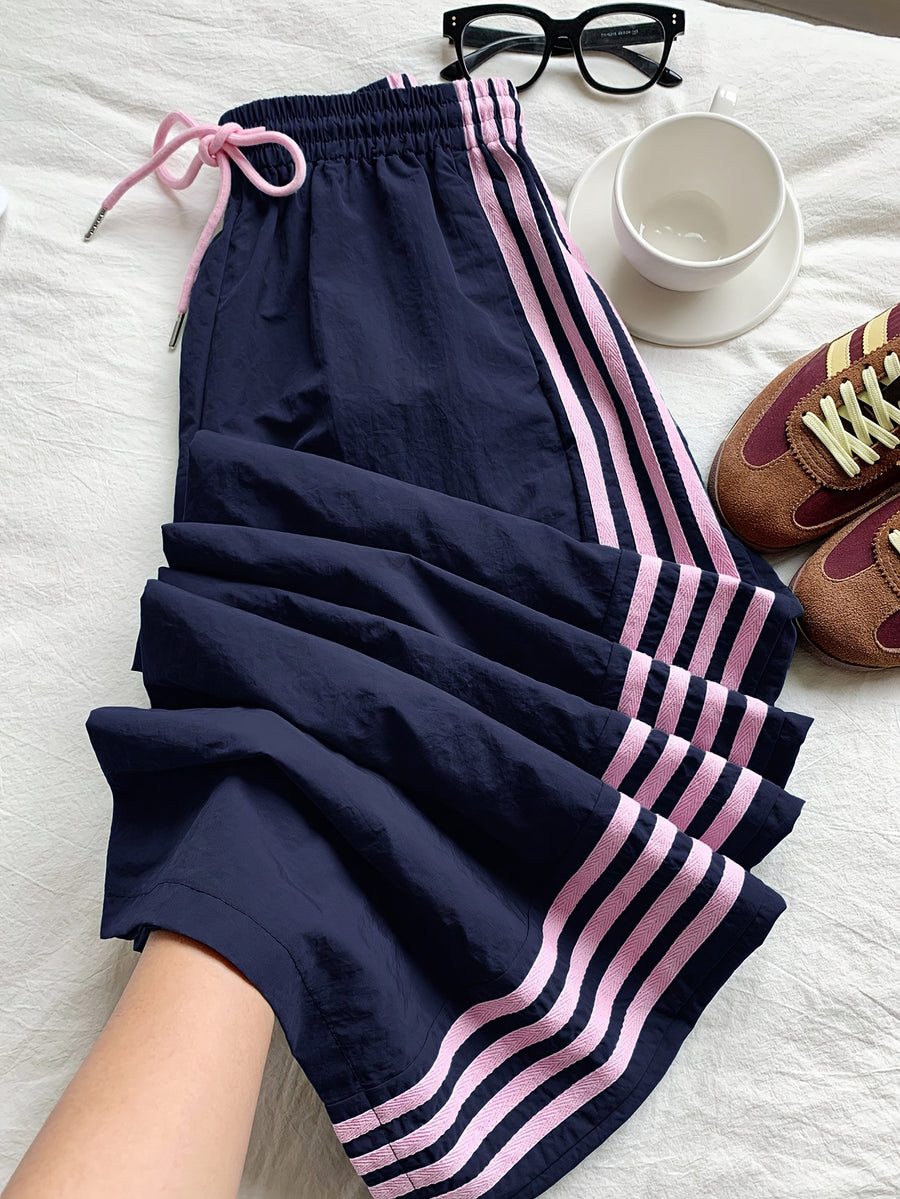 Reading Week Apparel, Back-to- Season, One Pair of 2026 Spring/Summer New Style Casual Sporty Fashionable Comfortable and Beautiful Women's Long Pants with Contrast Color and Drawstring Waist, Suitable as a Holiday Gift for Women's Clothing - Blue