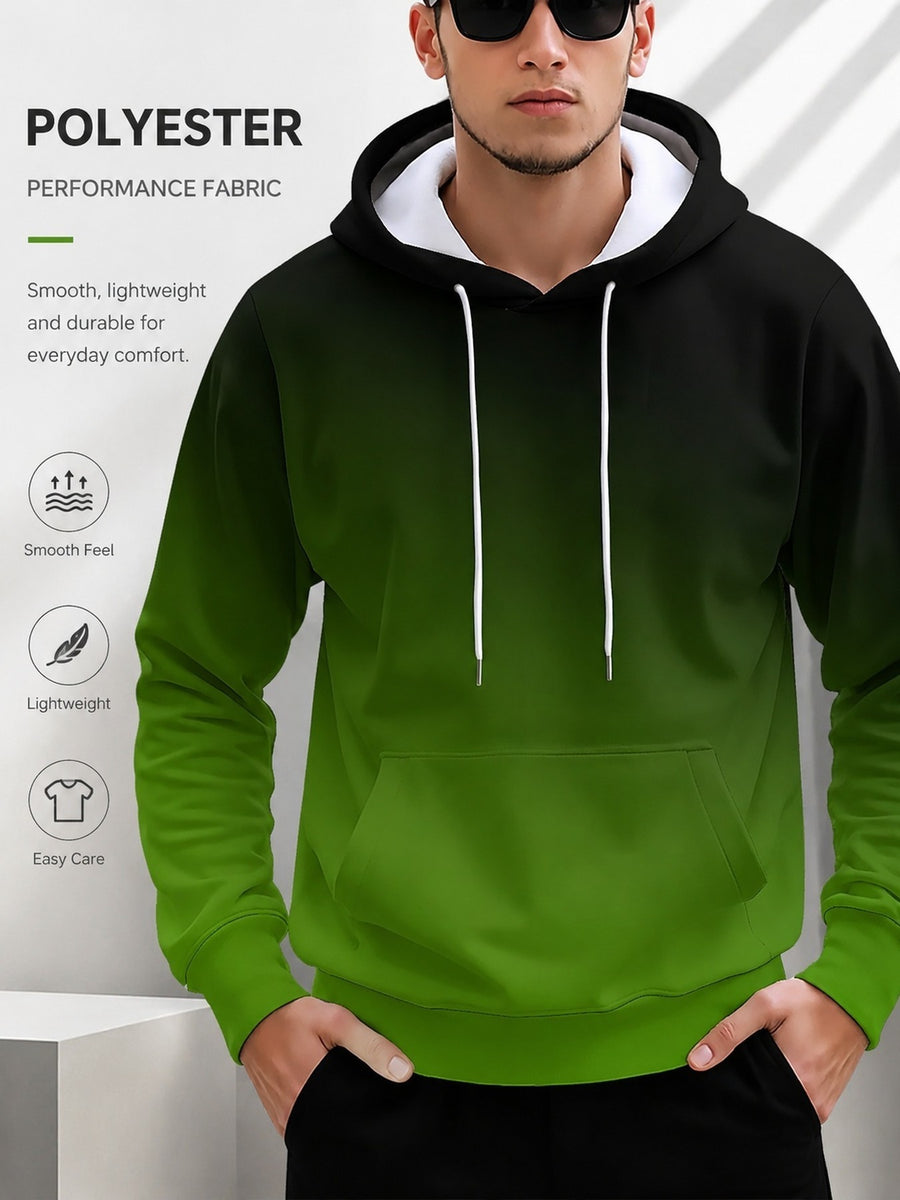 Men's Long Sleeve Pullover Hoodie, Black Green Gradient Print, Digital Print, Drawstring Hood, Ribbed Cuffs Hem, Regular Fit, Polyester, Casual, Daily Wear Weekend Leisure, Spring and Autumn - Mixed colors