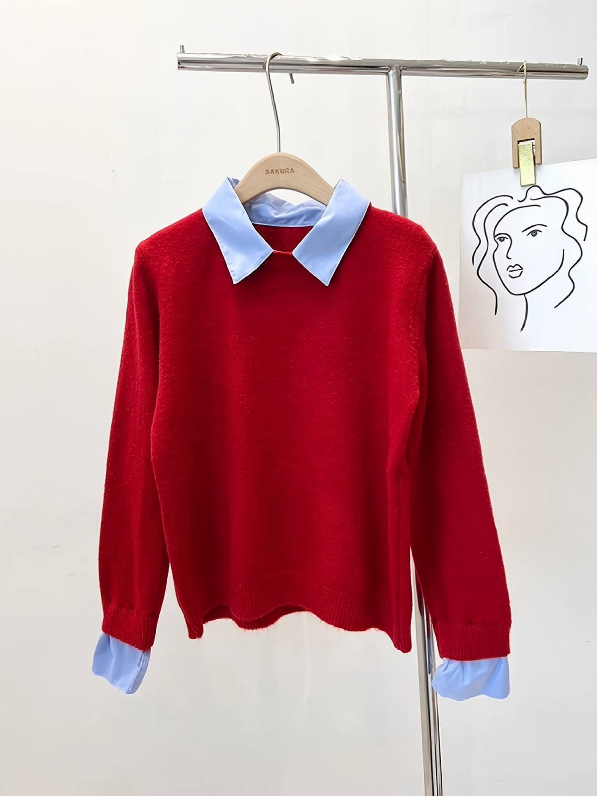 New Women's Autumn 2-in-1 Look Shirt Collar Top Sweater Layer Lazy Style Contrast Collar Gray Sweater - Red