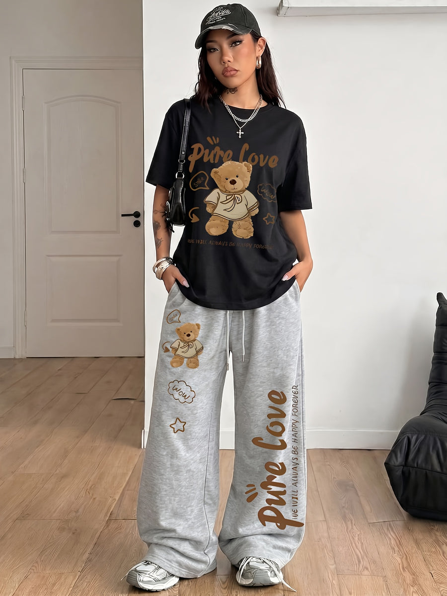 Women's 2-Piece Set: Spring/Summer Fun "Brown Bear" Heart and Letter Print Daily Y Casual T-Shirt with Drawstring Loose Straight-Leg Pants. Soft, Comfortable, Niche Hip-Hop Y2K Versatile Streetwear T-Shirt Set, Suitable for Summer Outings - Black+gray