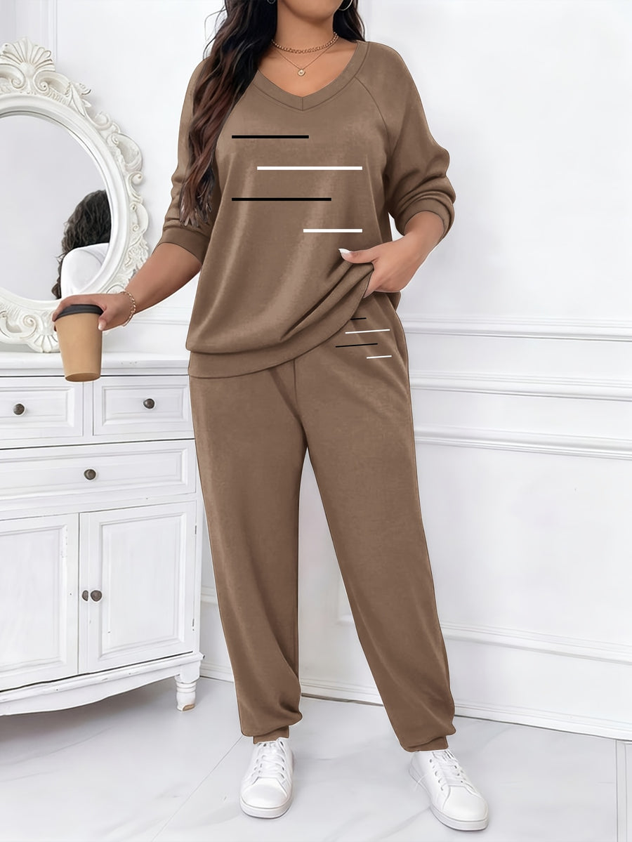 Plus Size Women'S Graphic Print 2pcs Outfit Set, V-Neck Raglan Sleeve Long Sleeve Tee And Elastic Waist Jogger Pants, Casual Loose Loungewear, Fall Winter Daily Wear - Light Brown-1