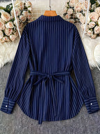 [Size for Regular Fit] Women'S Spring Autumn Elegant Striped Loose Long Sleeve Shirred Blouse, Chain Detail Tie-Waist Shirt - Navy Color