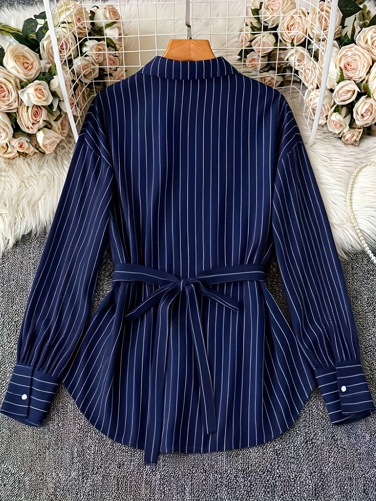 [Size for Regular Fit] Women'S Spring Autumn Elegant Striped Loose Long Sleeve Shirred Blouse, Chain Detail Tie-Waist Shirt - Navy Color