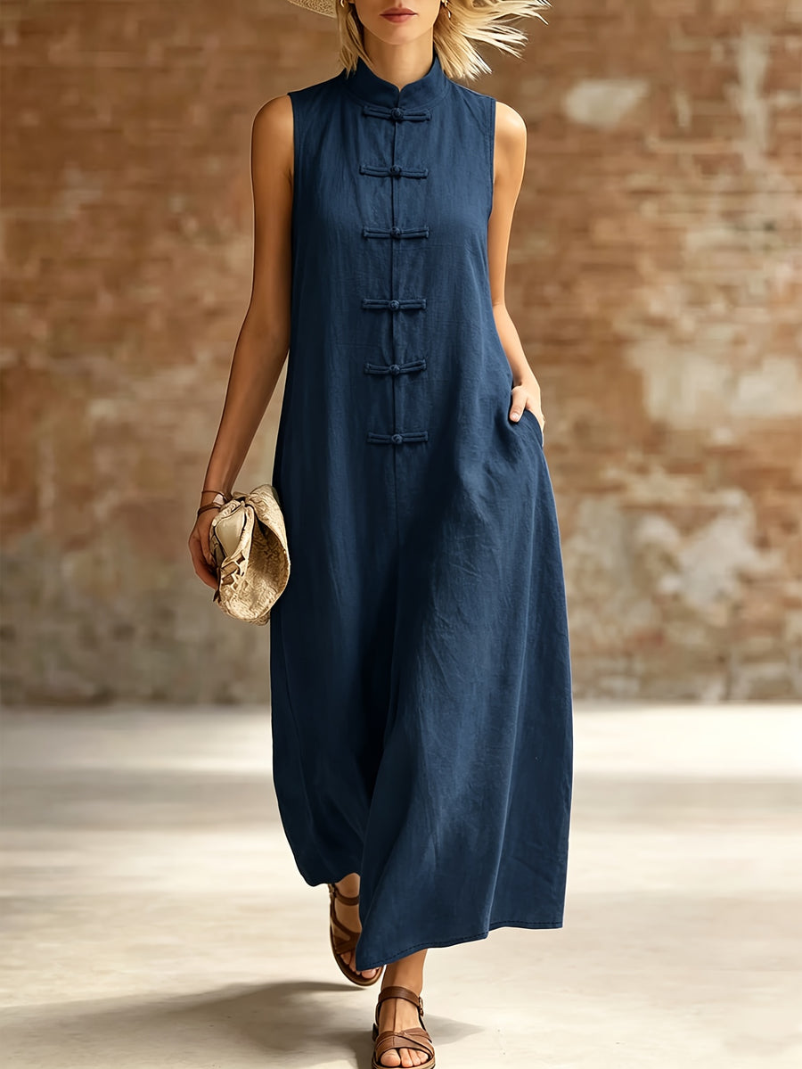 Summer Women's All- Sleeveless Stand-Collar Button-Front Dress, New Chinese Style Loose-Fitting Long Shirt-Style Dress with Small Stand-Collar for Women - Blue