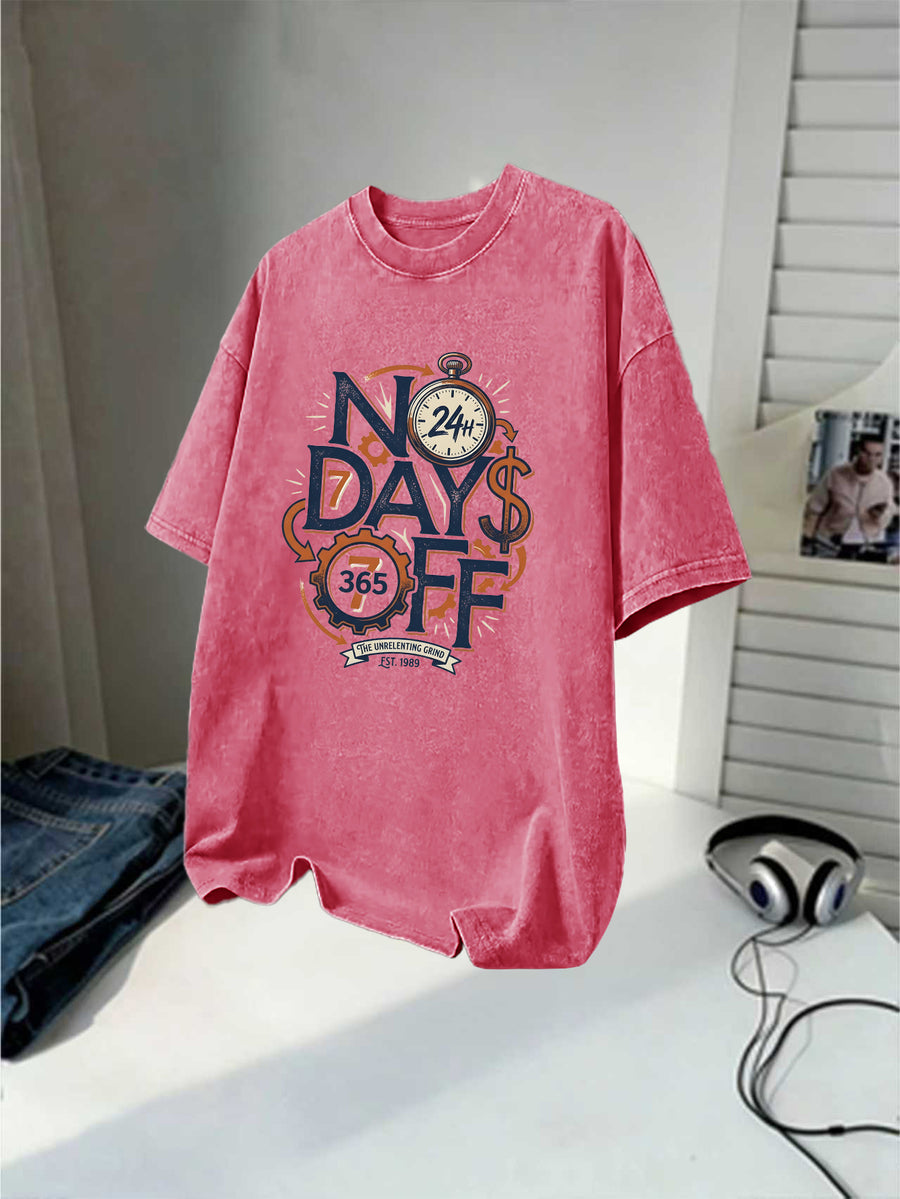 Men's Washed Short-sleeve T-shirt, Made of Pure Cotton for Breathability and Skin-friendly Comfort. Features a Relaxed Fit for Versatile Wear. Front Print with "NO DAYS OFF" Motivational Text and Gear Stopwatch Elements Exuding a Powerful Vibe - Rose Red