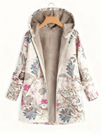 Women'S Fashion Winter Hooded Long Sleeve Zipper Floral Print Jacket Coat - Multicolor