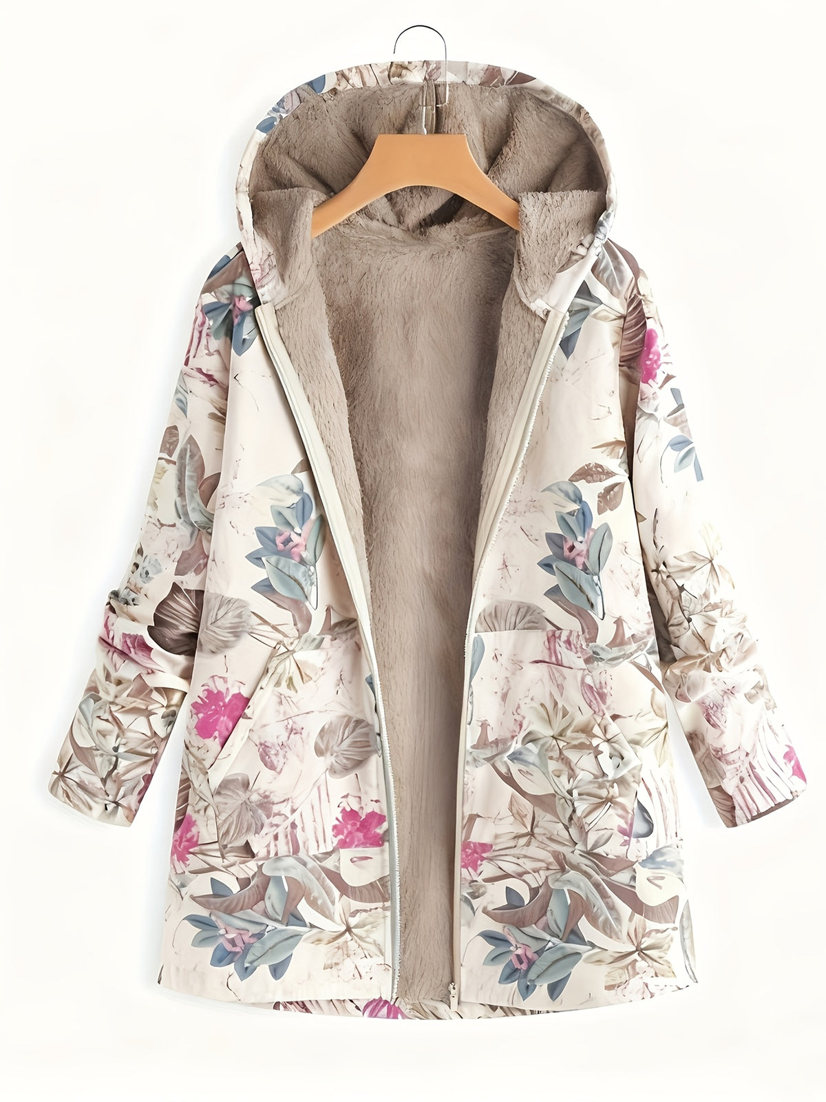 Women'S Fashion Winter Hooded Long Sleeve Zipper Floral Print Jacket Coat - Multicolor