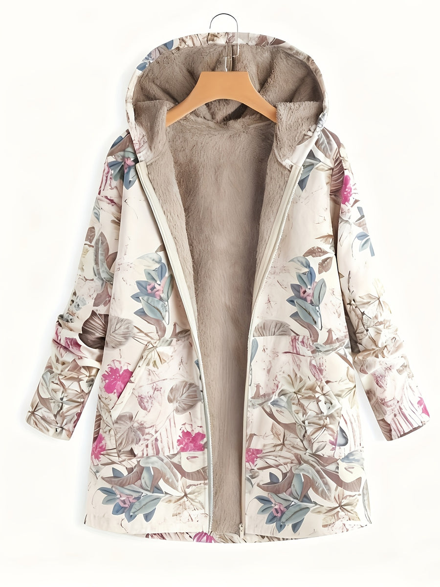 Women'S Fashion Winter Hooded Long Sleeve Zipper Floral Print Jacket Coat - Multicolor