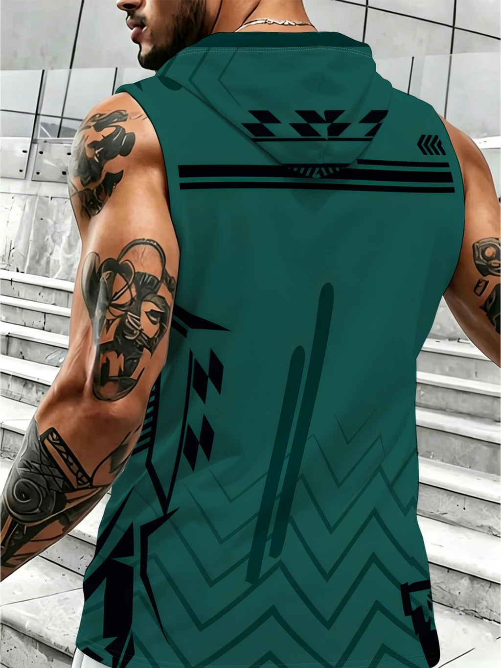 Men's Sleeveless Hooded Top Dark Green Trendy Printed Design Daily Casual Sports Versatile Summer Breathable Fashion Top Suitable for Outdoor Activities and Daily Wear - Mixed colors