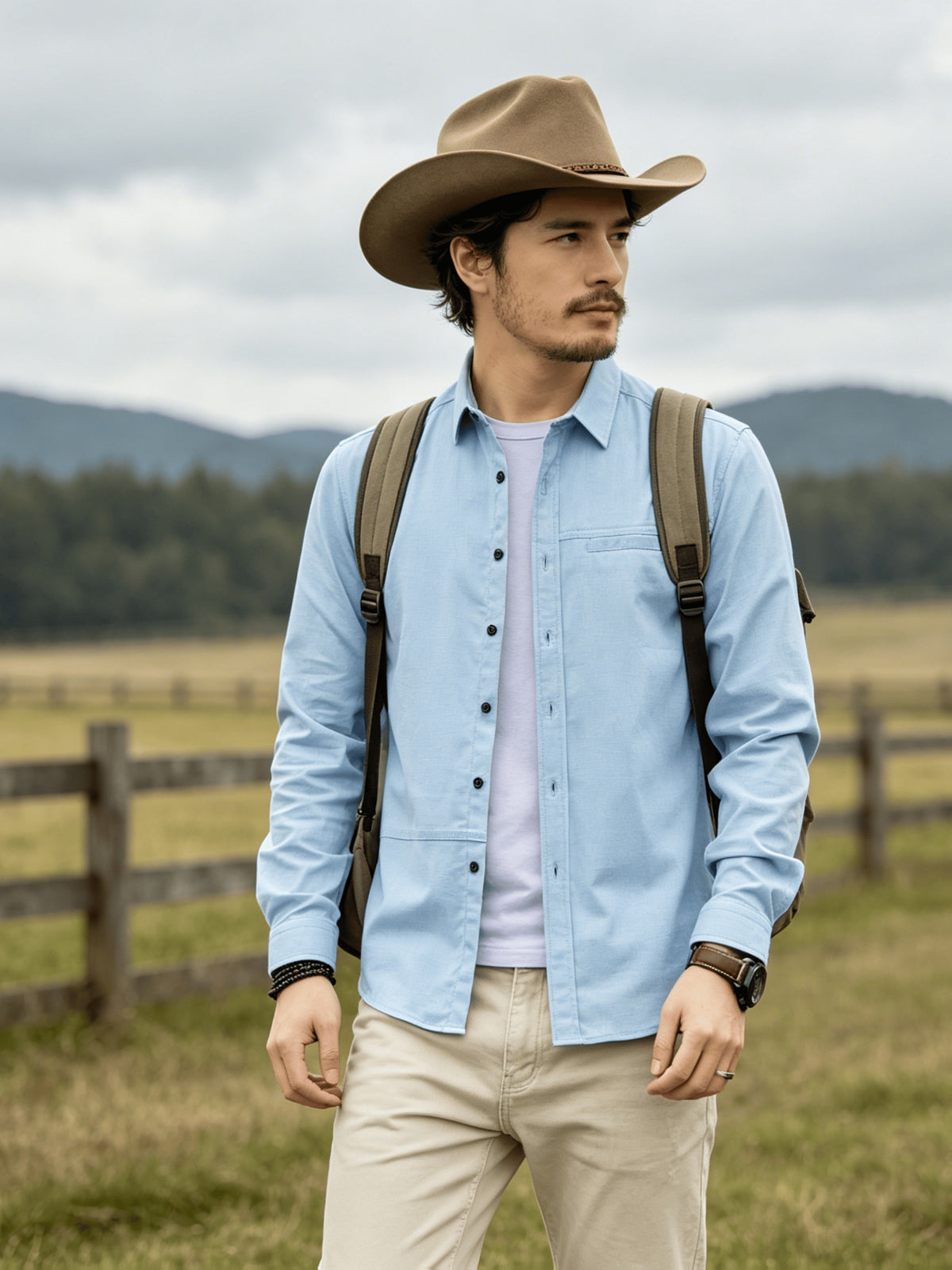 Men's Casual Long-Sleeve Shirt with Lapel and Faux Pocket Design, Slim Fit for a Slimming Look, Durable and Wrinkle-Resistant for Daily Outdoor Casual Wear, Business-Casual Solid Color Shirt - Light Blue