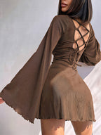 Fashionable Sexy Round-Neck Solid Color Flared Sleeve Back Cutout Tie-Belted A-Line Mini Dress, Suitable for Dates, Daily Gatherings, Holidays, And Everyday Wear - Coffee Brown