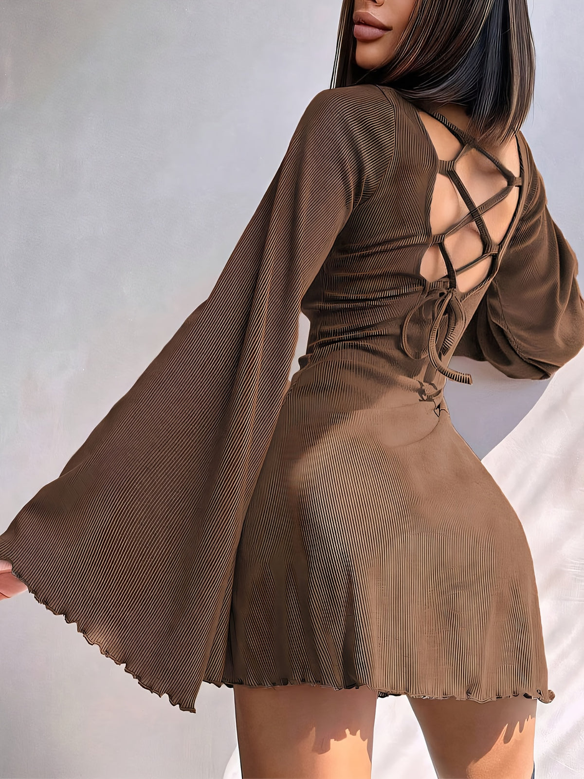 Fashionable Sexy Round-Neck Solid Color Flared Sleeve Back Cutout Tie-Belted A-Line Mini Dress, Suitable for Dates, Daily Gatherings, Holidays, And Everyday Wear - Coffee Brown