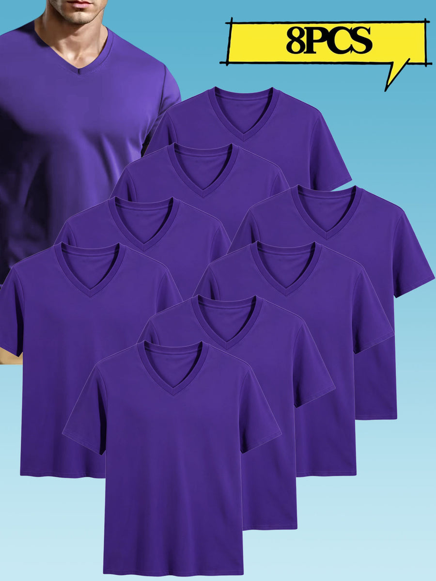 8pcs Men's Casual Knit Ribbed V-Neck T-Shirt / Soft and Comfortable Fabric / Short Sleeve / Solid Color / Crew Neck / Back-to-School Season, Casual Sporty Design Top, Multiple Colors Available, Suitable for Summer Daily Wear - 8 Pieces Of Purple