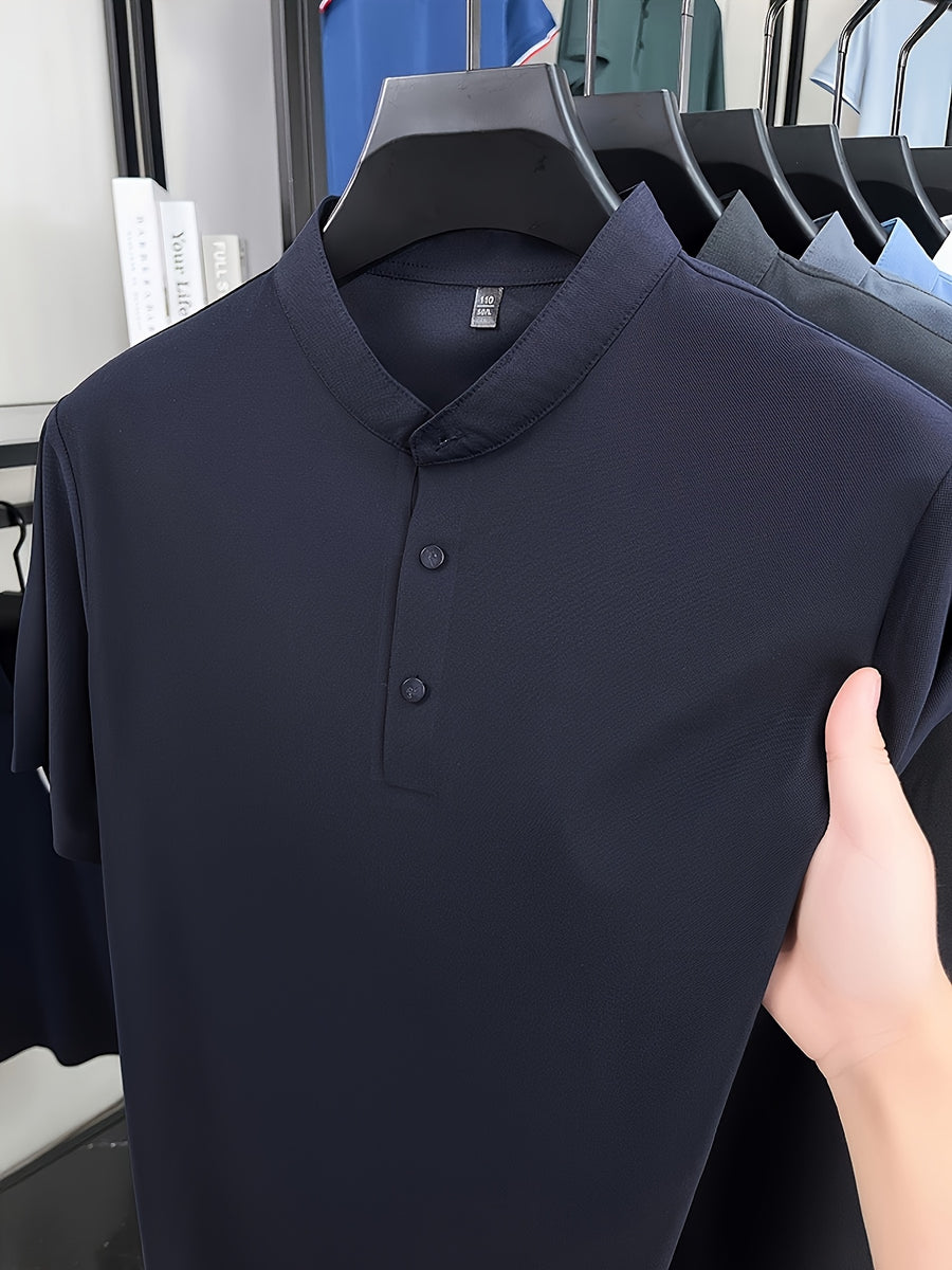 Men's Summer Mid-Life Seamless Stand Collar Short Sleeve T-Shirt, Solid Color Polyamide-Spandex Breathable Half-Sleeve Tee - Deep Navy Blue