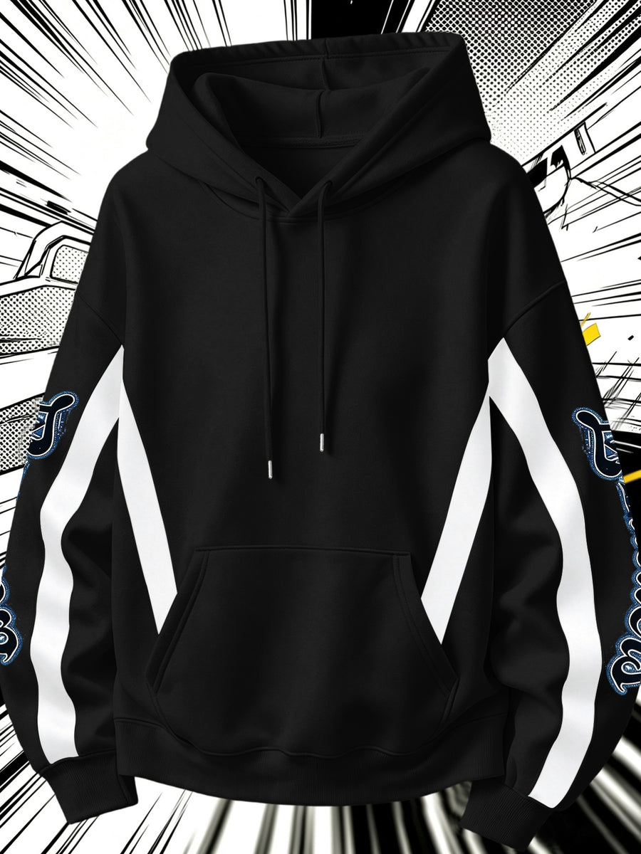 2026 Autumn/Winter Soft Skin-Friendly Men's Hooded Sweatshirt, Striped Patchwork Print Long Sleeve, Adjustable Drawstring, Large Capacity Kangaroo Pocket, Versatile Pullover Hoodie for Campus Parties - Black