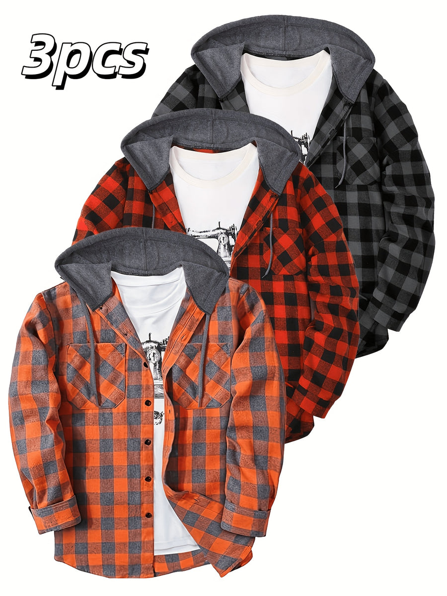 3pcs Men's New York Fashion Trendy Plaid Shirt Hooded Plaid Sweatshirt Flannel Hoodie - Orange+red+grey