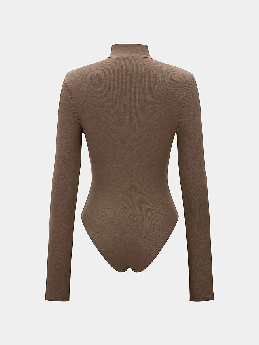 Women's Waffle Long Sleeve Bodysuit, Elegant Bow Collar Slim Fit Base Layer, Solid Color High Neck Tight Bodysuit Top - Khaki