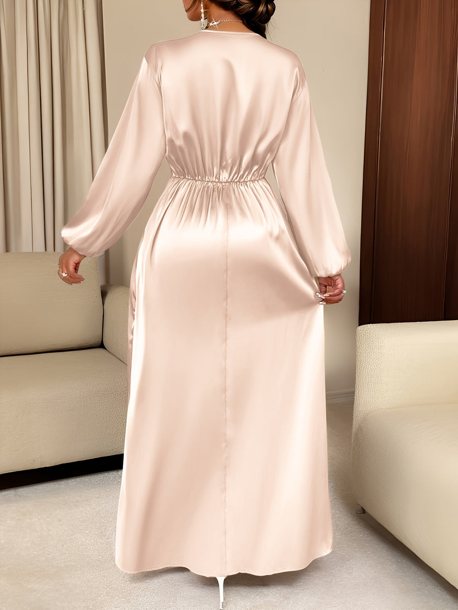 Women's Solid-color Simple Daily and Party Banquet Satin Bridesmaid Dress with Pleated Design - Apricot