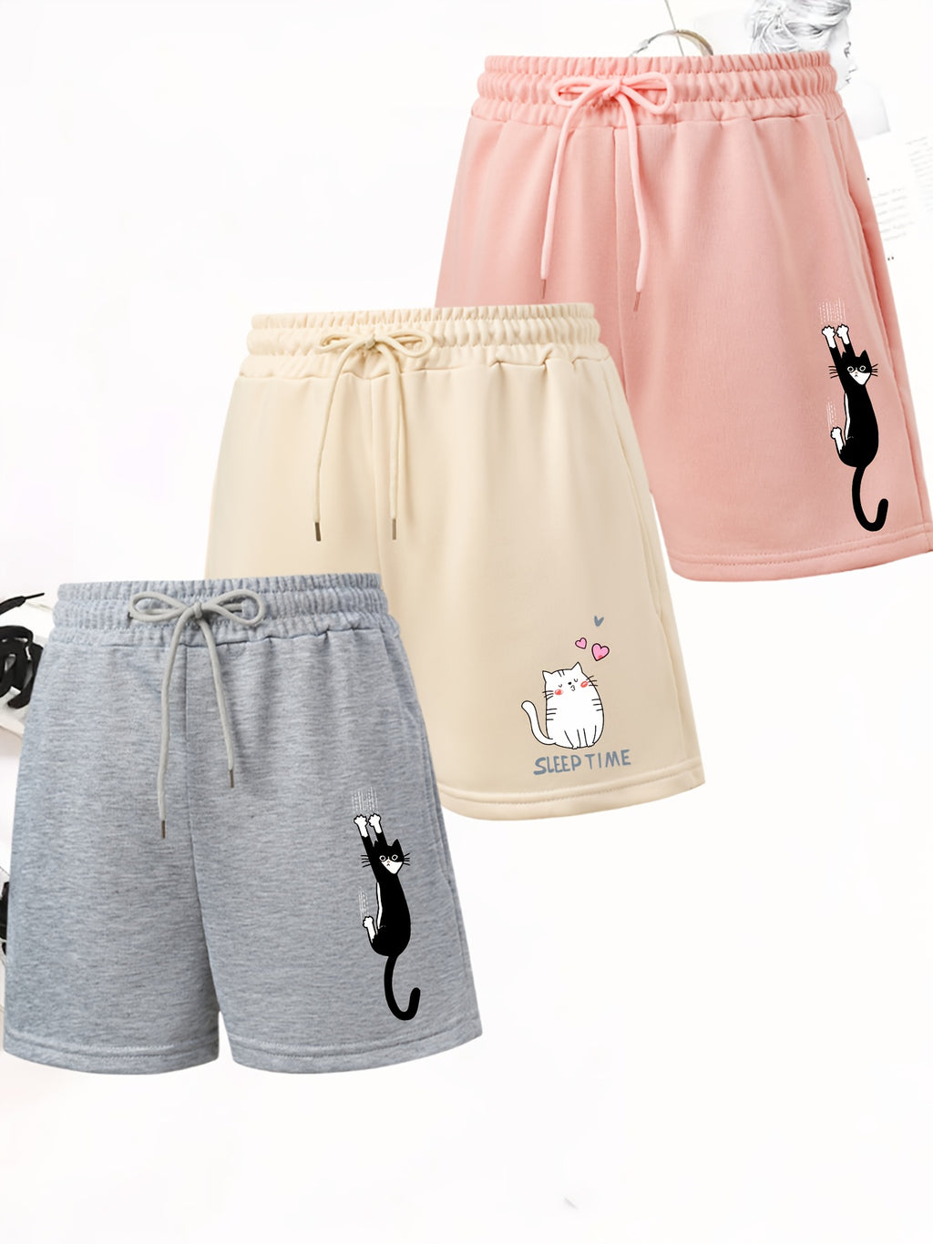 3pcs Women's Elegant Casual Joggers - Heart Print, Drawstring Loose Fit Summer Vacation s Pants, Machine Washable - Gray+Apricot+Pink