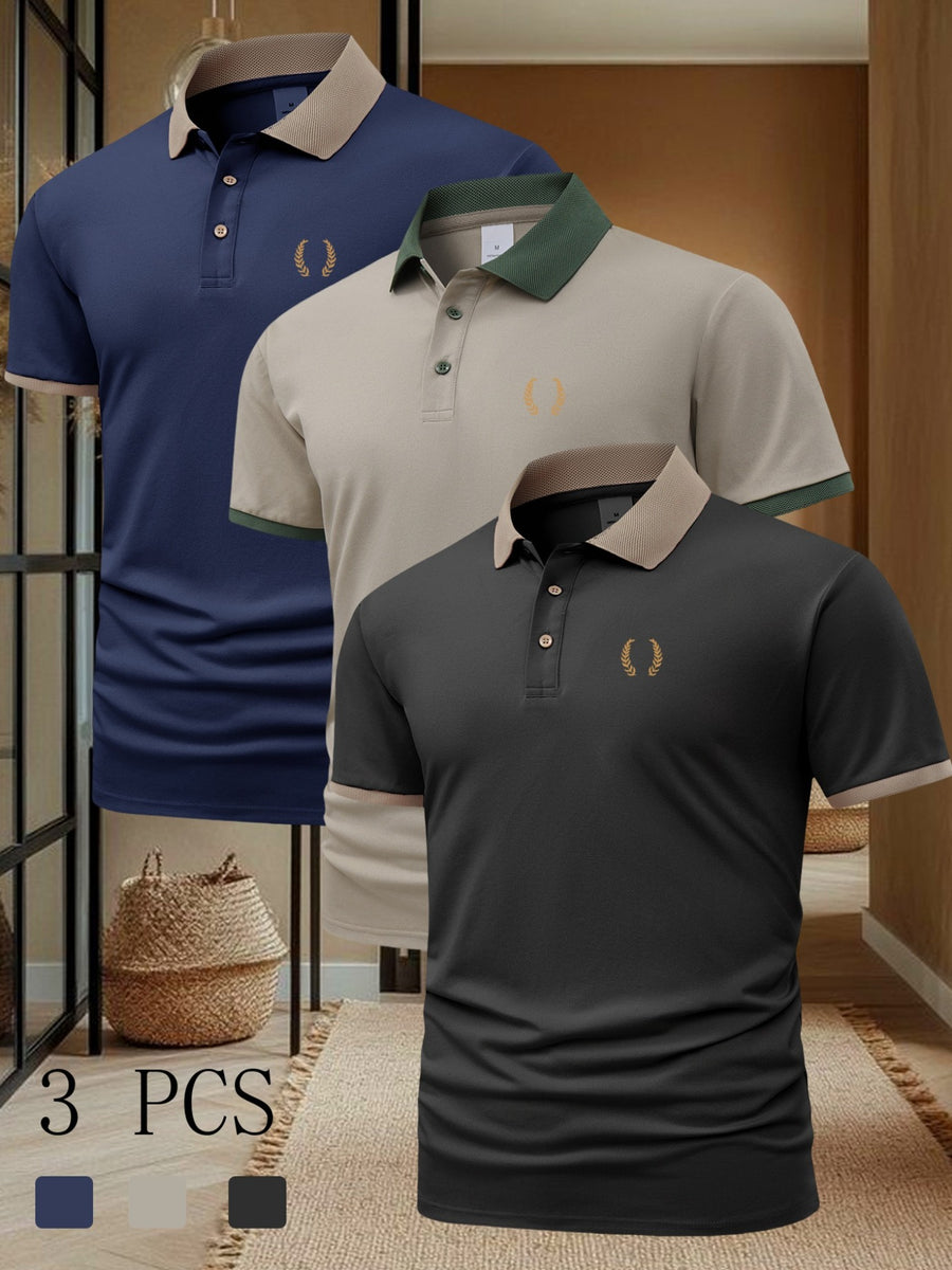 FC660 Wheat Print Pattern 3pcs Set Summer Men'S Casual Short-Sleeved POLO Shirt Lapel Top Fashion Casual Daily Business Top - Navy blue + khaki + black