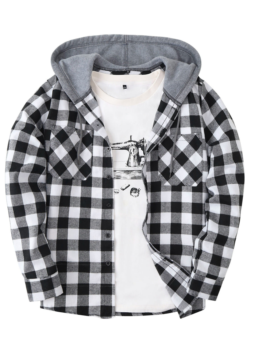 Men's Fashion Hooded Plaid Trendy Shirt Hooded Plaid Sweatshirt, Autumn/Winter Essentials, New Season - Black