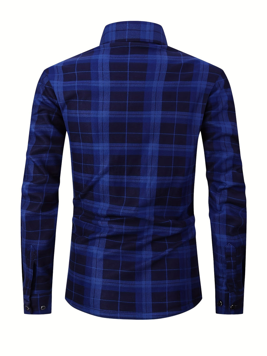 Autumn/Winter Plaid Flannel Shirt for Men, -Lined, Thickened, Warm, Long-Sleeve Workwear Jacket, Casual Top, New Season - Blue Grid