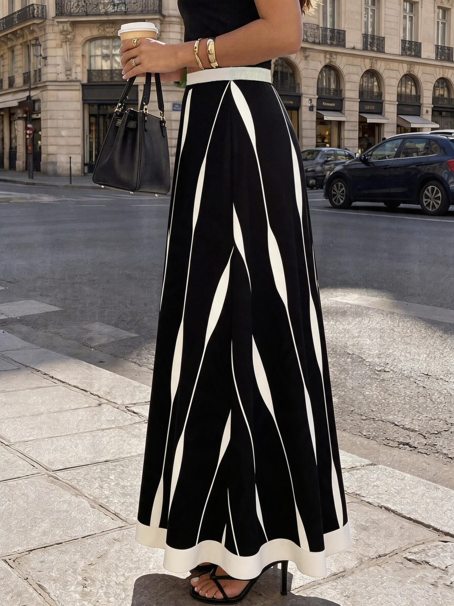 Women's Fashion New Elegant Style Skirt with Random Print Hem and Color Block Patchwork, Suitable for Casual, Daily Commute, and Dating - Black