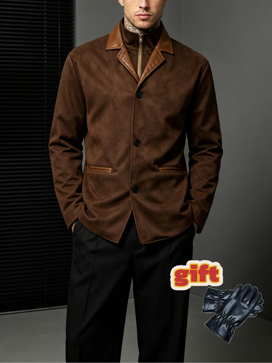 Men'S Retro Color-Block Lapel Jacket, Contrast Trim 3-Button Double Pocket Coat, Business Casual All-Season Outerwear (Free Gloves) P - Dark Brown