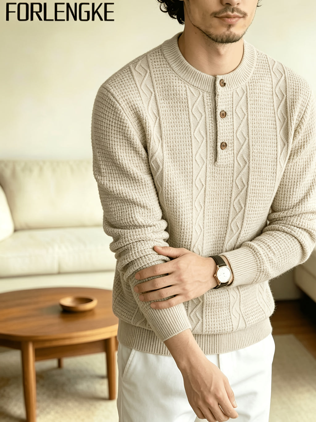 FORLENGKE Men Business Casual Henley Collar Cable Knit Sweater, Soft Warm Long Sleeve Pullover Tops for Autumn Winter Office Daily Wear - Flower Rice