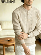 FORLENGKE Men Business Casual Henley Collar Cable Knit Sweater, Soft Warm Long Sleeve Pullover Tops for Autumn Winter Office Daily Wear - Flower Rice
