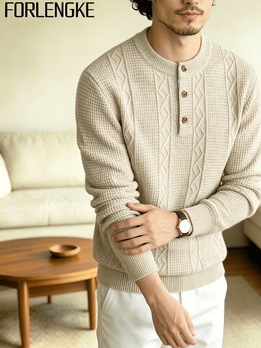 FORLENGKE Men Business Casual Henley Collar Cable Knit Sweater, Soft Warm Long Sleeve Pullover Tops for Autumn Winter Office Daily Wear - Flower Rice