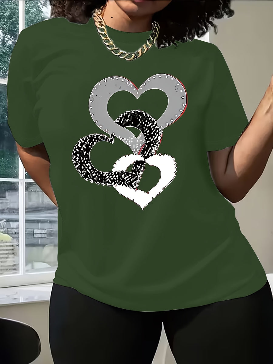 2025 Spring/Summer New Women's Short-Sleeve Top, Simple and Stylish Love Ring Pattern Print, Versatile Daily Wear Round Neck T-Shirt, Circle Pattern - Military Green