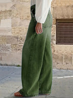 2558# New Women'S Olive Green Multi-Button Washed Loose Wide-Leg Casual Jeans - Olive Green