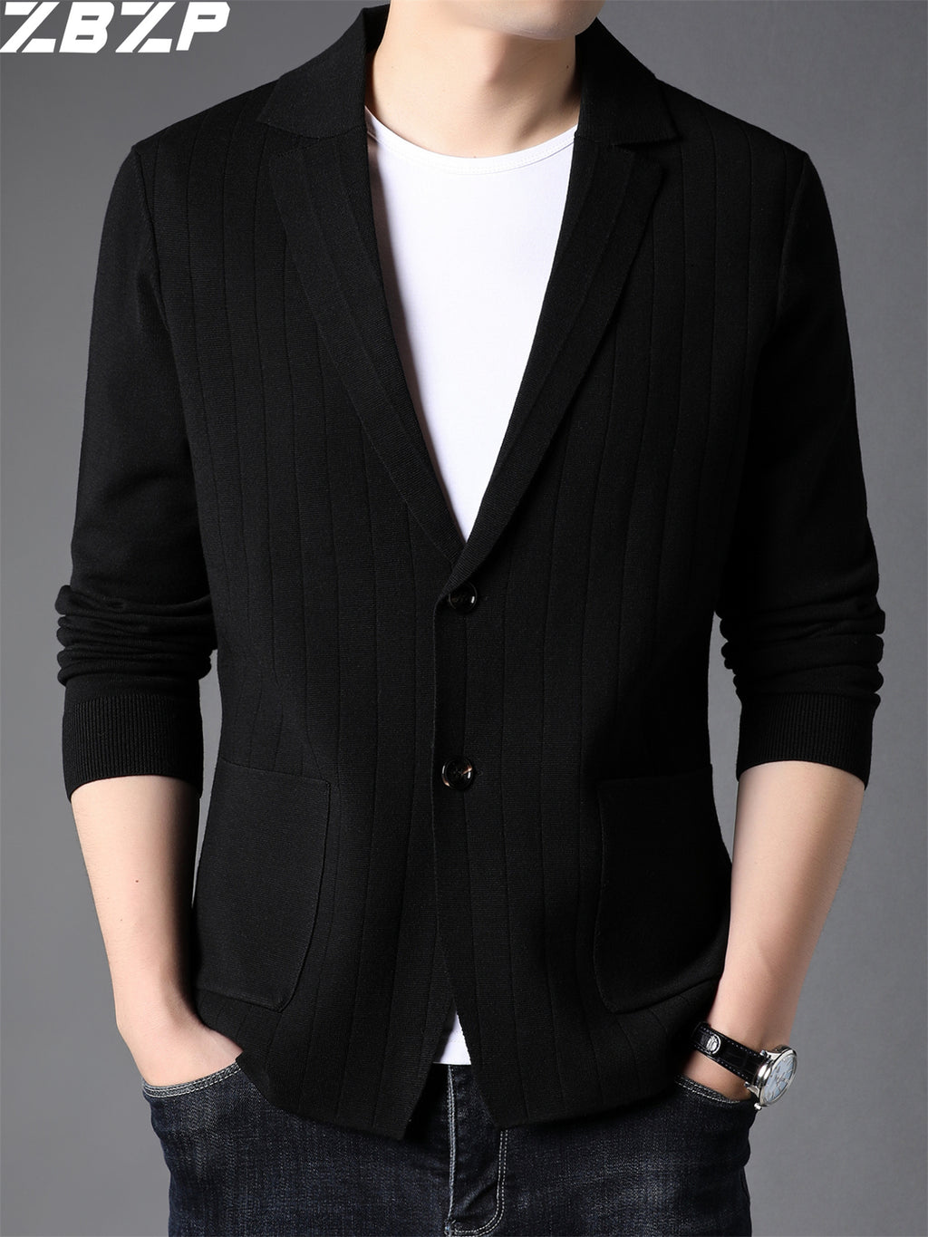 ZBZP Men's Knitted Cardigan, Spring/Autumn Men's Coat, Korean Style Trendy Solid Color Knit Sweater, Blazer Style Sweater, Chaoyang - Black