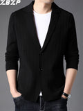 ZBZP Men's Knitted Cardigan, Spring/Autumn Men's Coat, Korean Style Trendy Solid Color Knit Sweater, Blazer Style Sweater, Chaoyang - Black